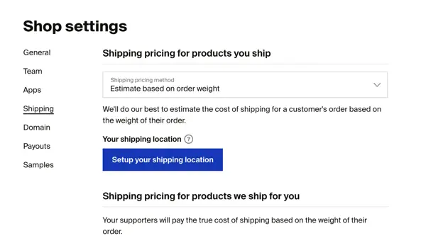 Shop settings Shipping page with Setup your shipping location button