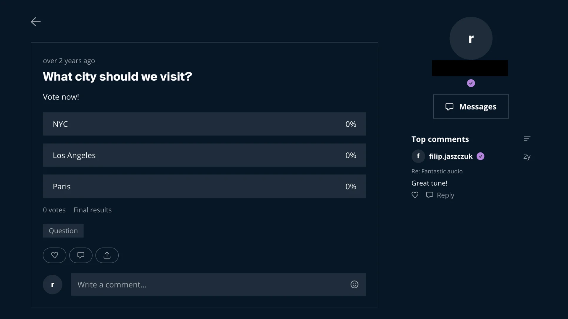 Sample poll post asking What city should we visit with NYC, Los Angeles, and Paris options at 0% each