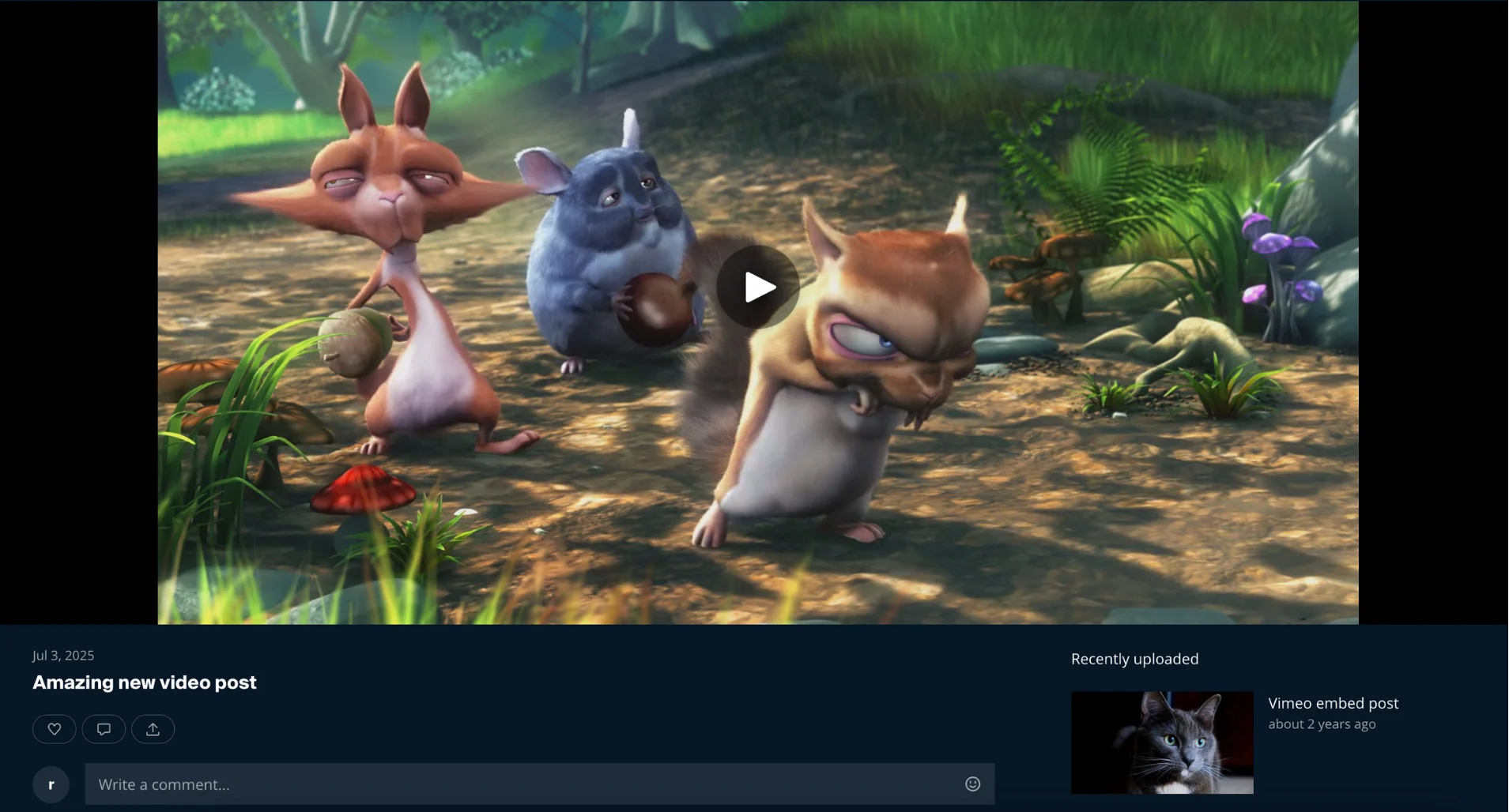 Sample video post with embedded video player, title, and recently uploaded sidebar section