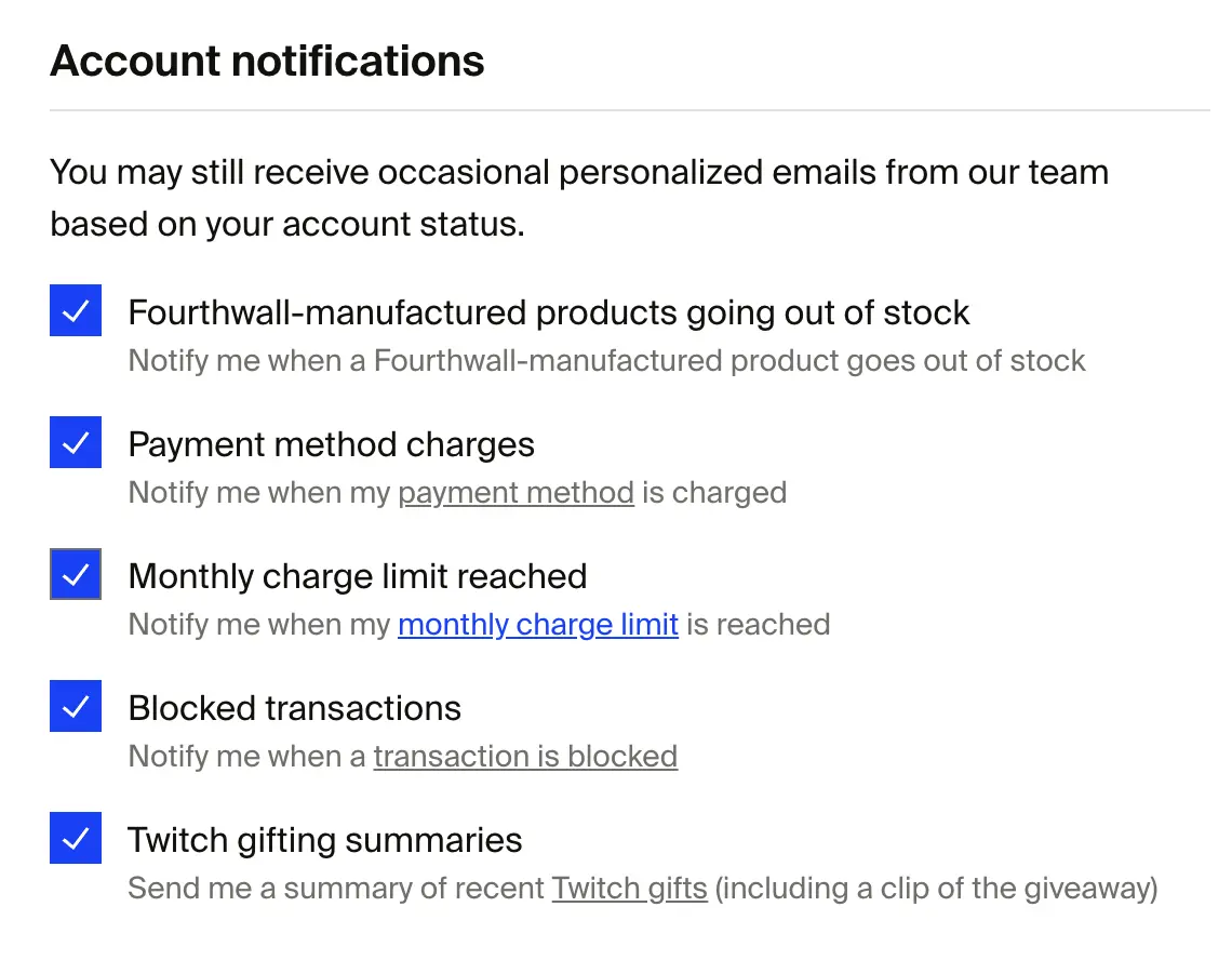 Account notifications with checkboxes for out of stock, payment charges, charge limits, blocked transactions, and Twitch gifting