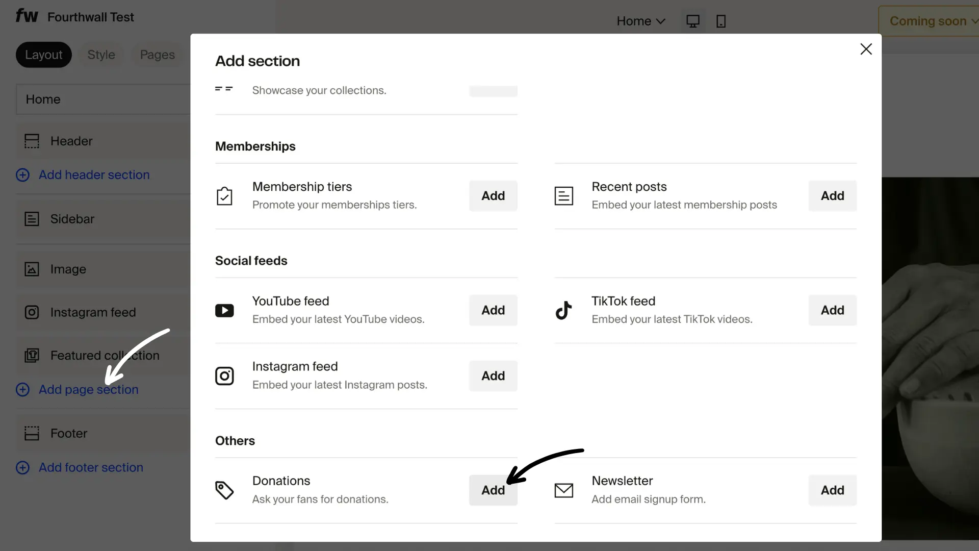 Add page section menu in Site Design showing the Donations option under the Others category