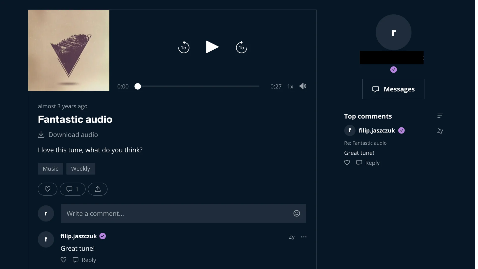 Sample audio post with cover art, playback controls, download link, tags, and comment section