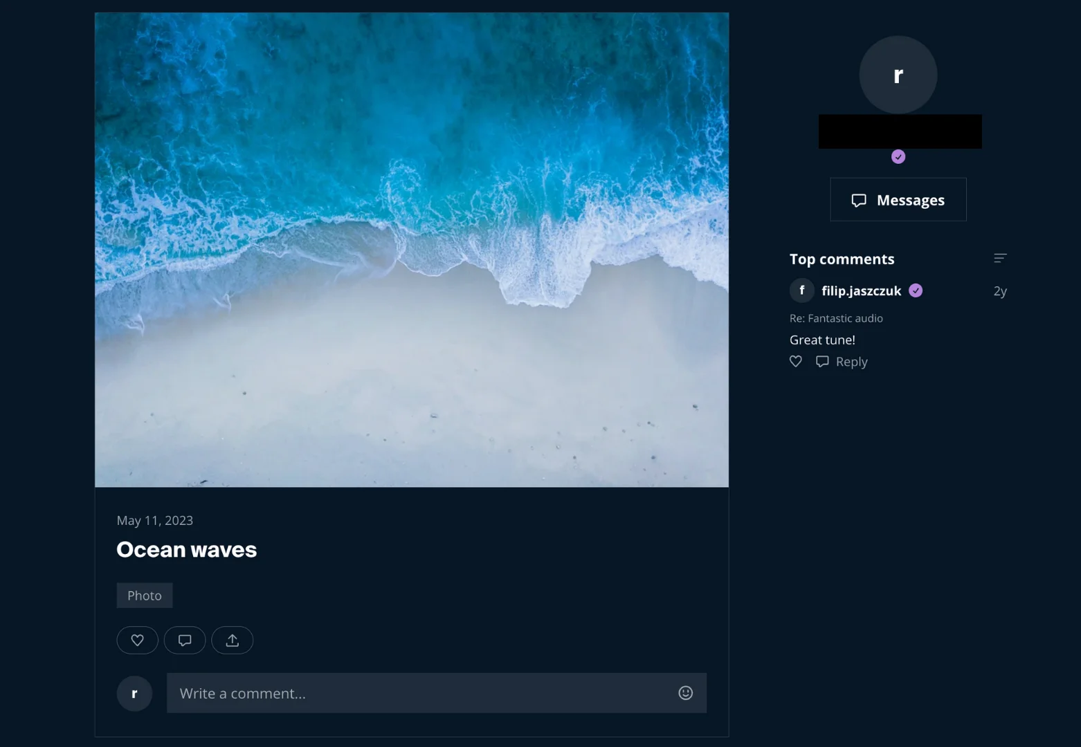 Sample image post showing ocean beach photo, title, Photo tag, and comment section with sidebar
