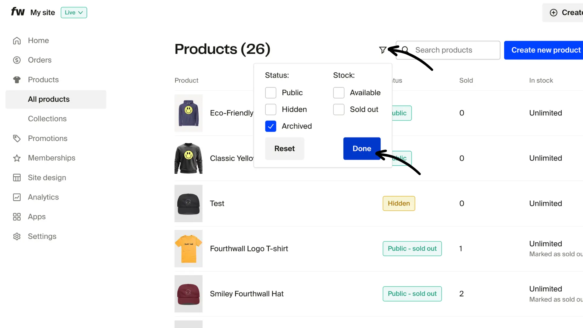 Products filter dropdown with Archived status checked and Done button