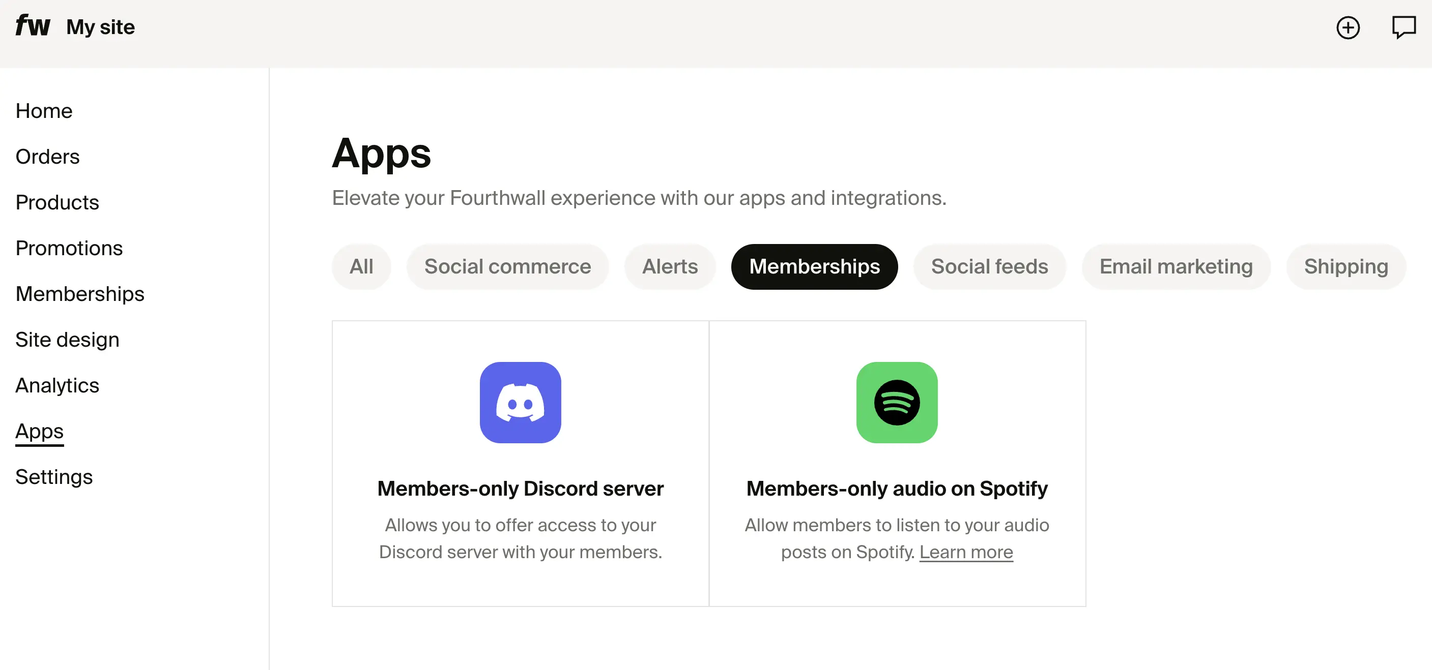 Fourthwall Apps page with Memberships filter showing Discord server and Spotify audio cards