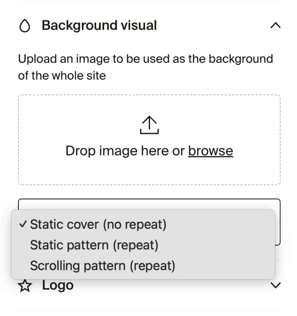 Background visual settings with image upload and style dropdown menu