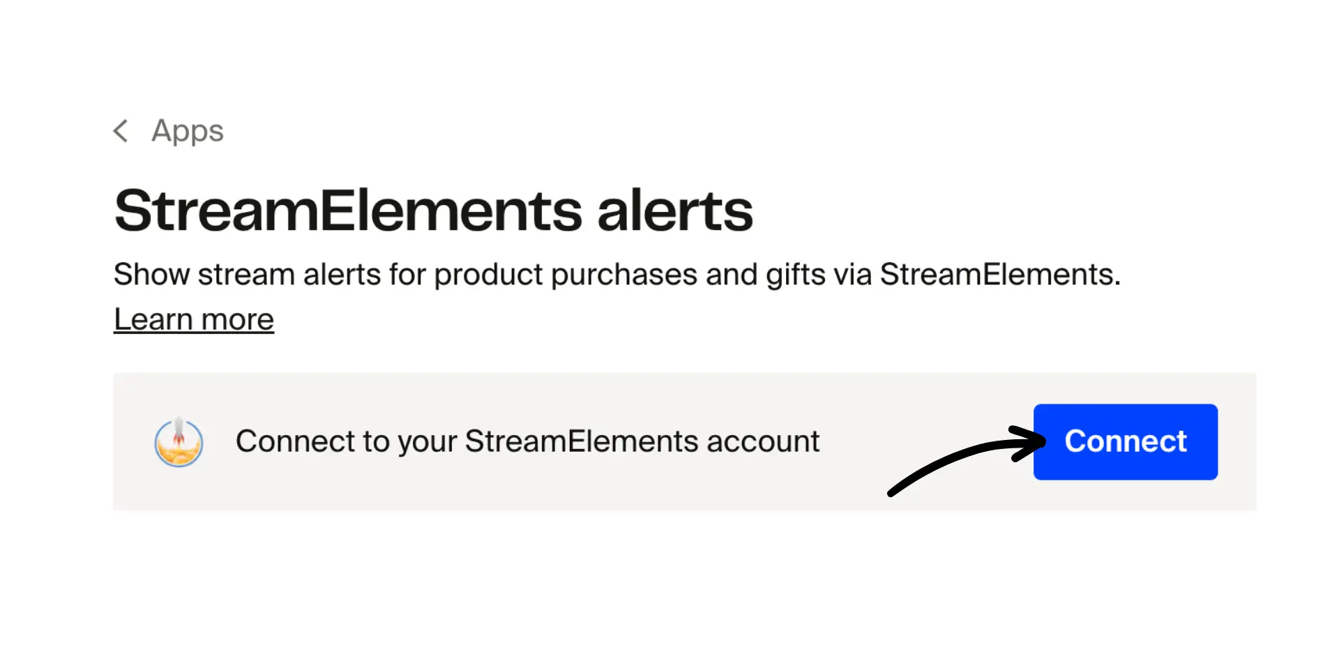 StreamElements alerts page with description and blue Connect button to link account