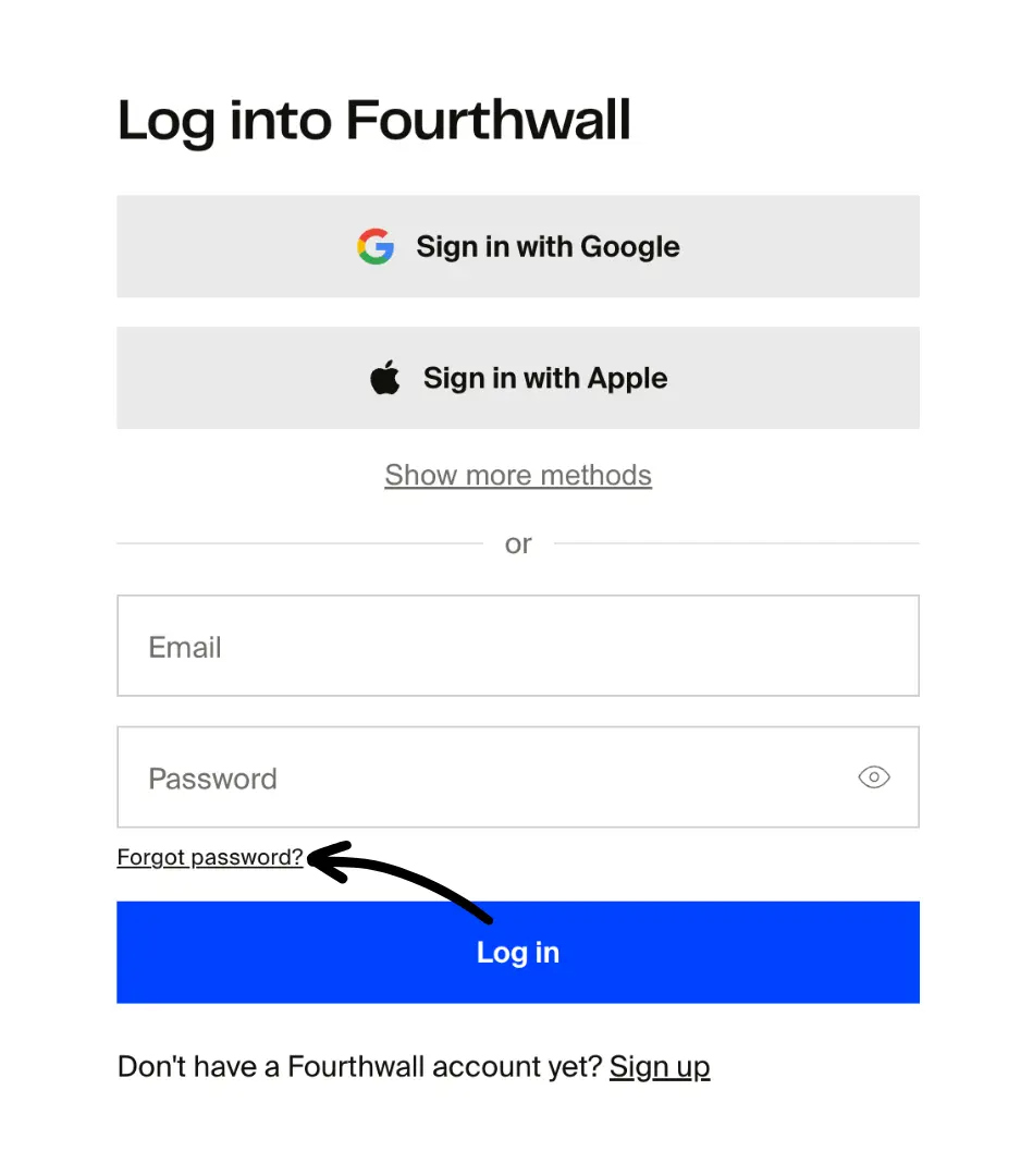 Fourthwall login screen with Forgot password link highlighted below the password field