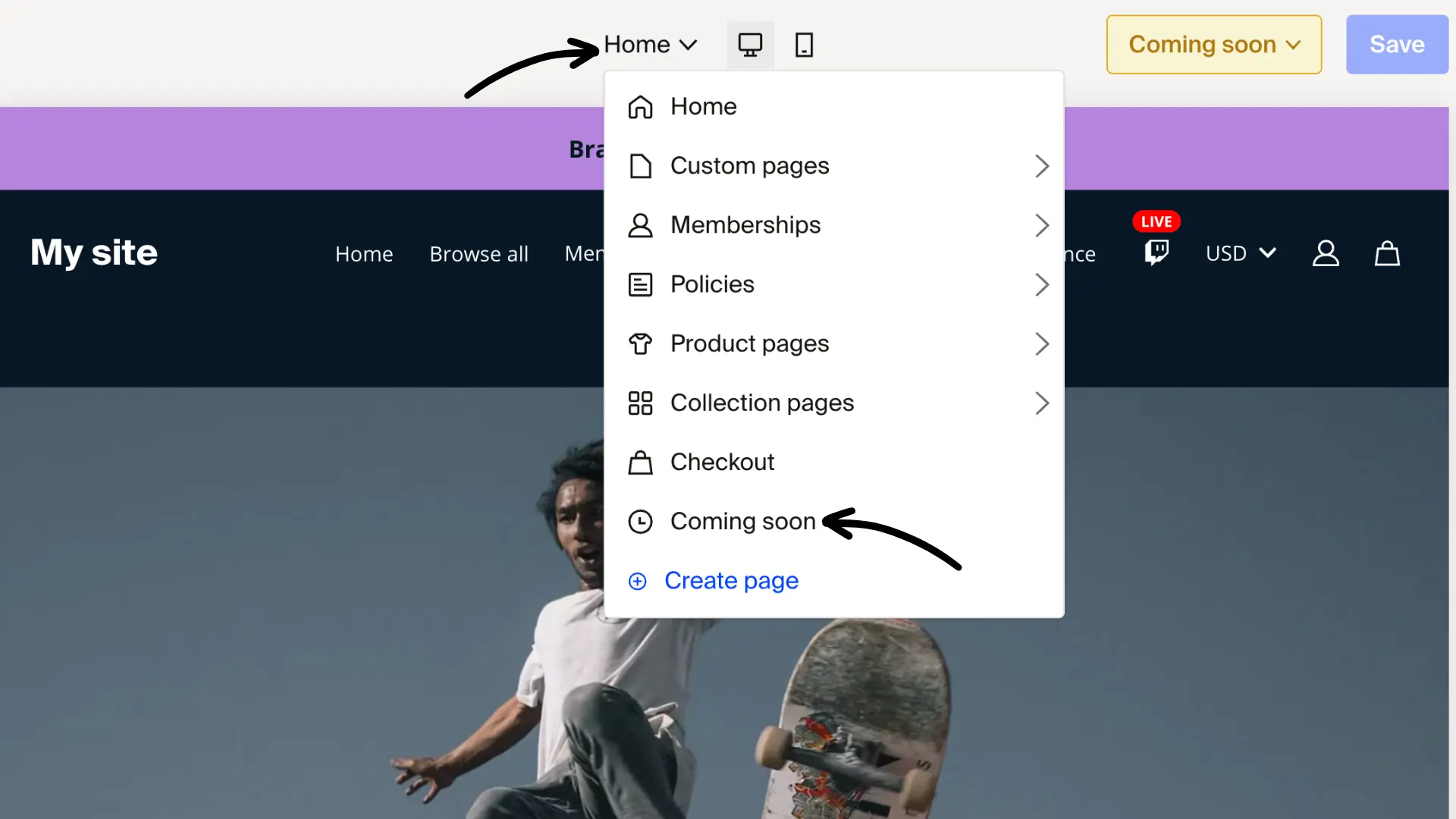 Page dropdown menu with arrow pointing to Coming soon page option
