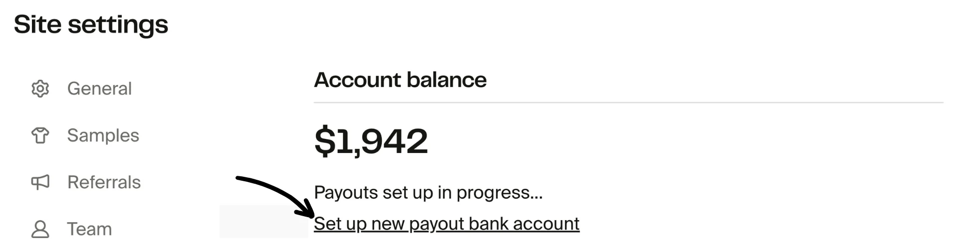 Site settings Billing and payouts section showing account balance and Set up new payout bank account link