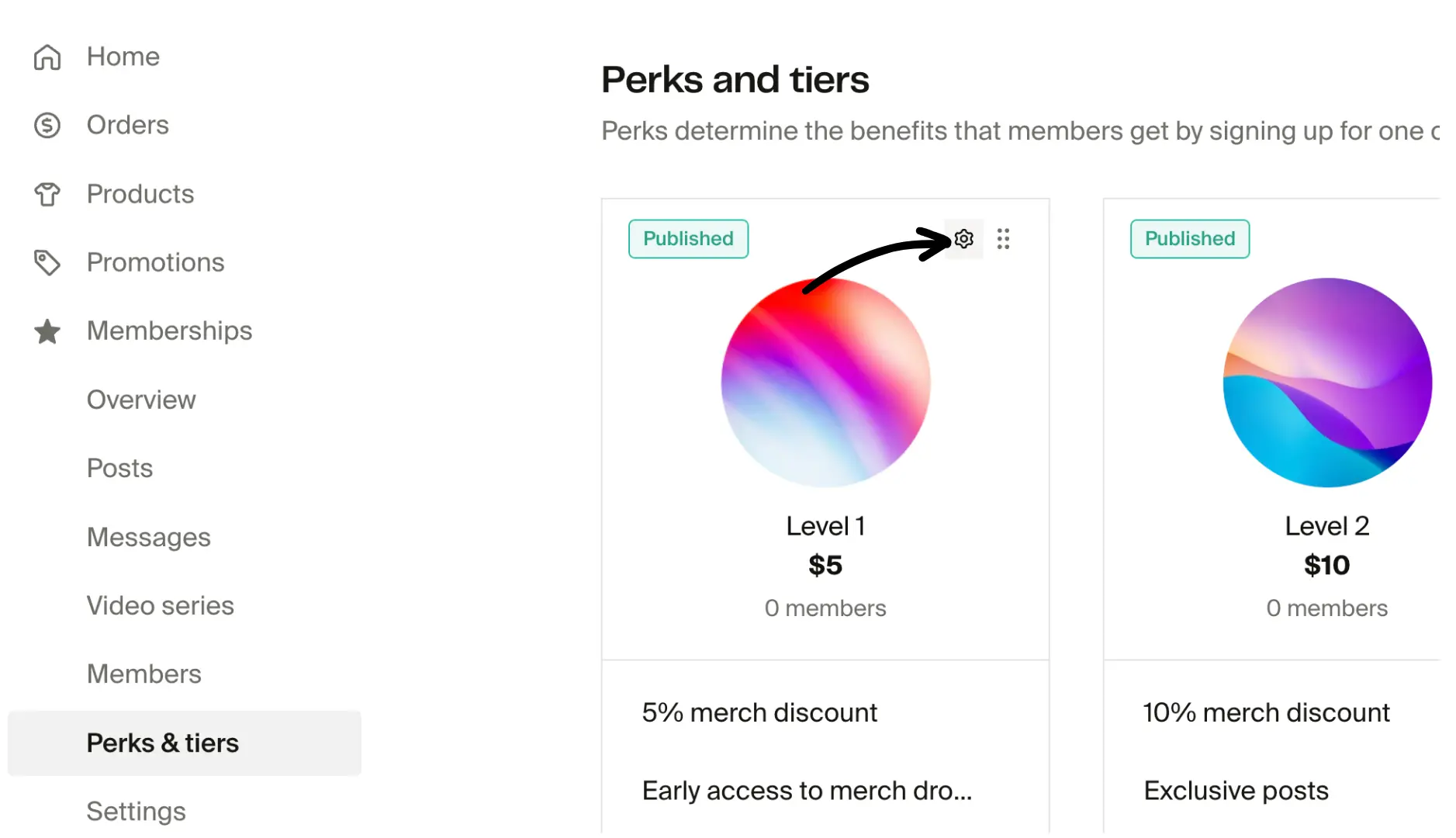 Perks and tiers page with arrow pointing to the gear settings icon on a published membership tier