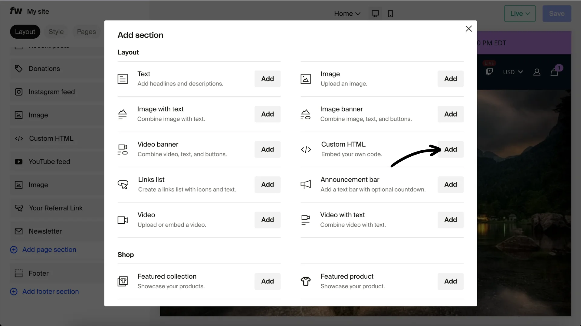 Click on Custom HTML under Layout