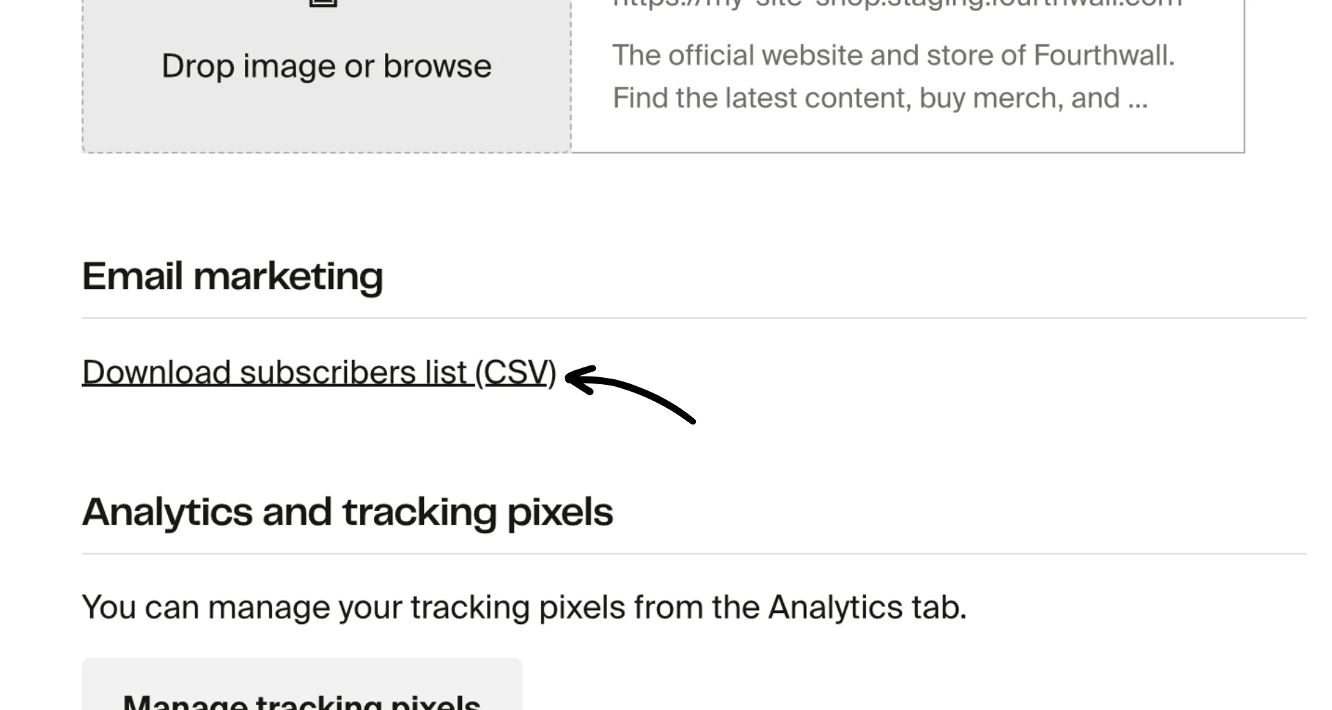 Fourthwall Settings General page showing Email marketing section with Download subscribers list CSV link
