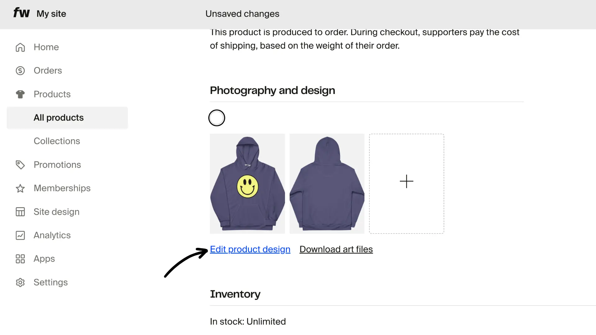 Product listing page with Edit product design link highlighted