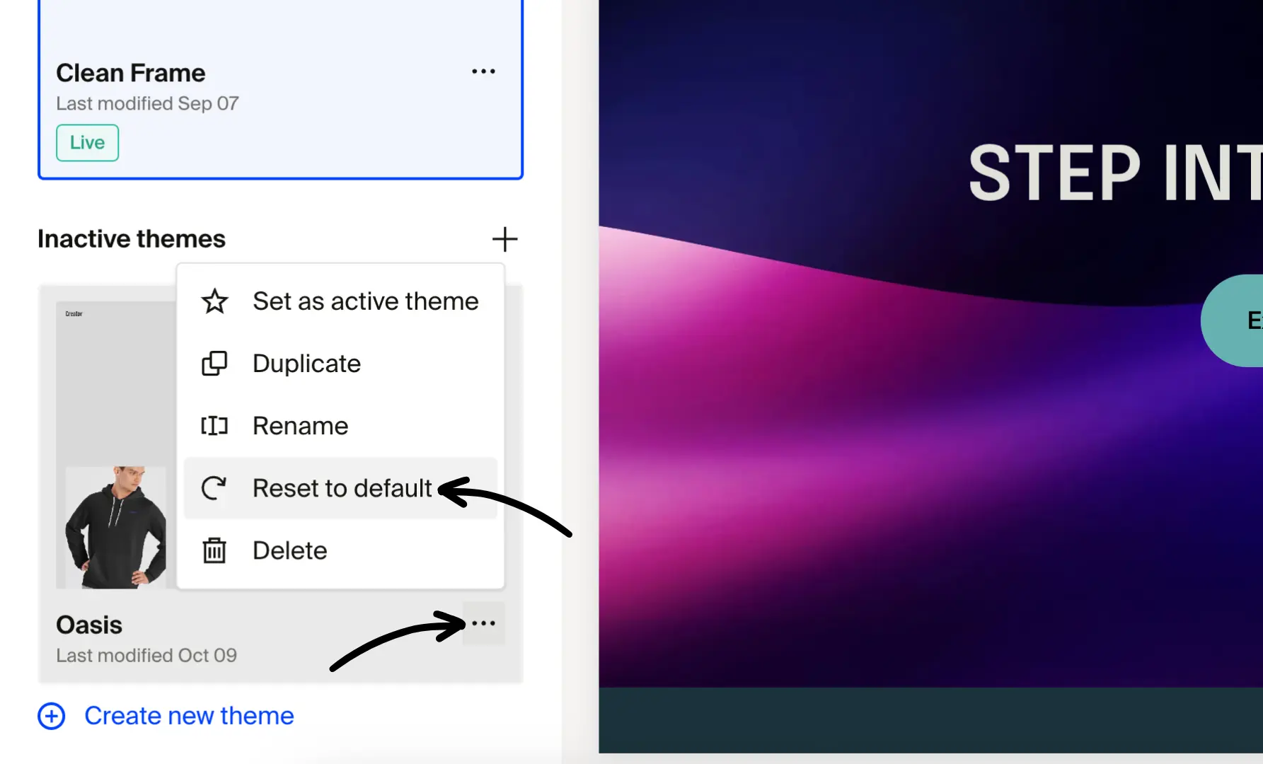 Theme page with Oasis theme three-dot menu open showing Reset to default option highlighted with arrow
