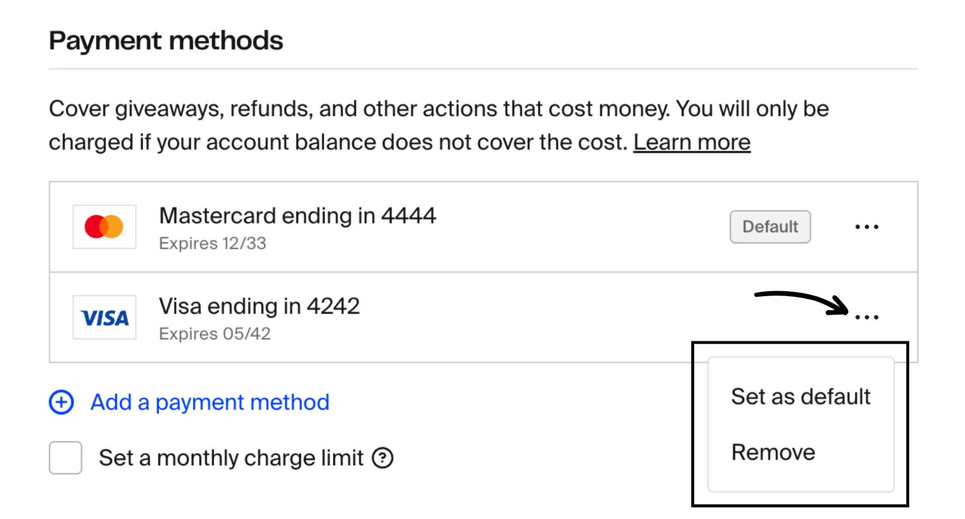 Click the three-dot menu next to payment method