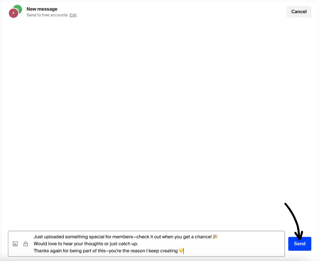 New message compose window with sample text in the input field and blue Send button
