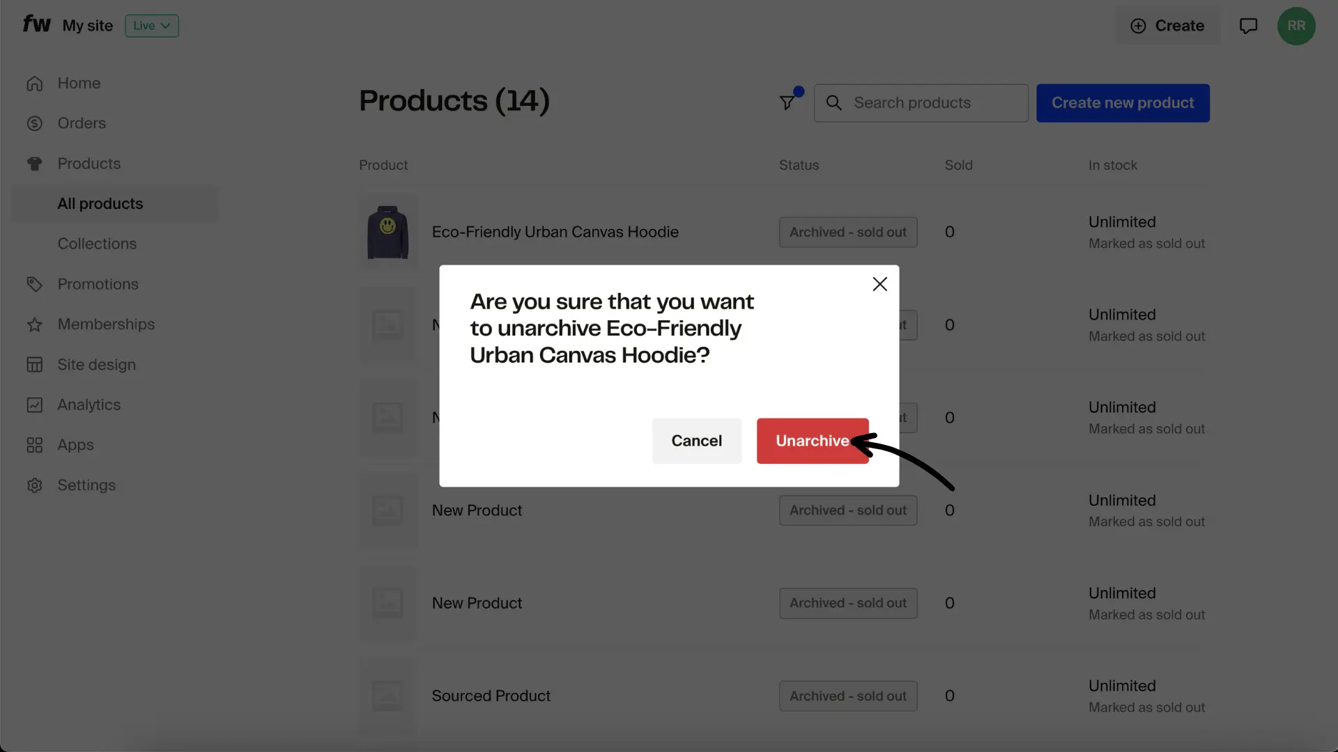 Confirmation dialog asking to unarchive product with Unarchive button