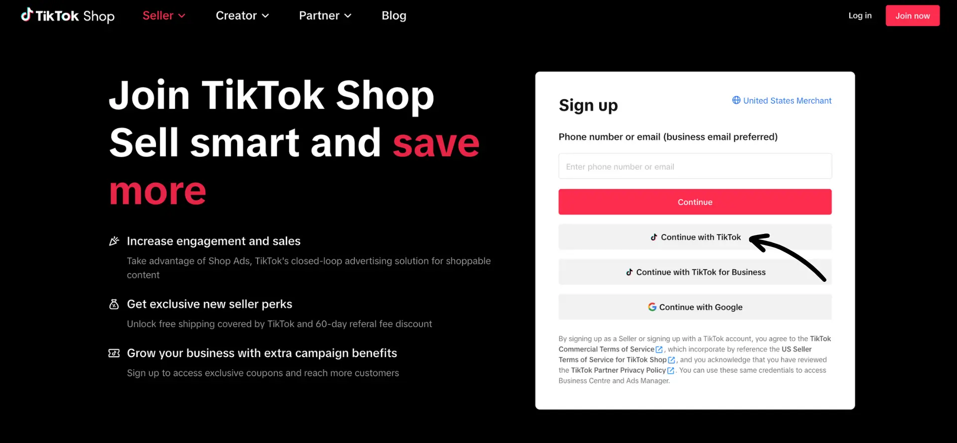 TikTok Shop sign up page with Continue with TikTok button highlighted