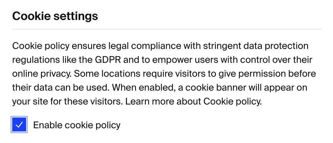 Cookie settings section with Enable cookie policy checkbox checked