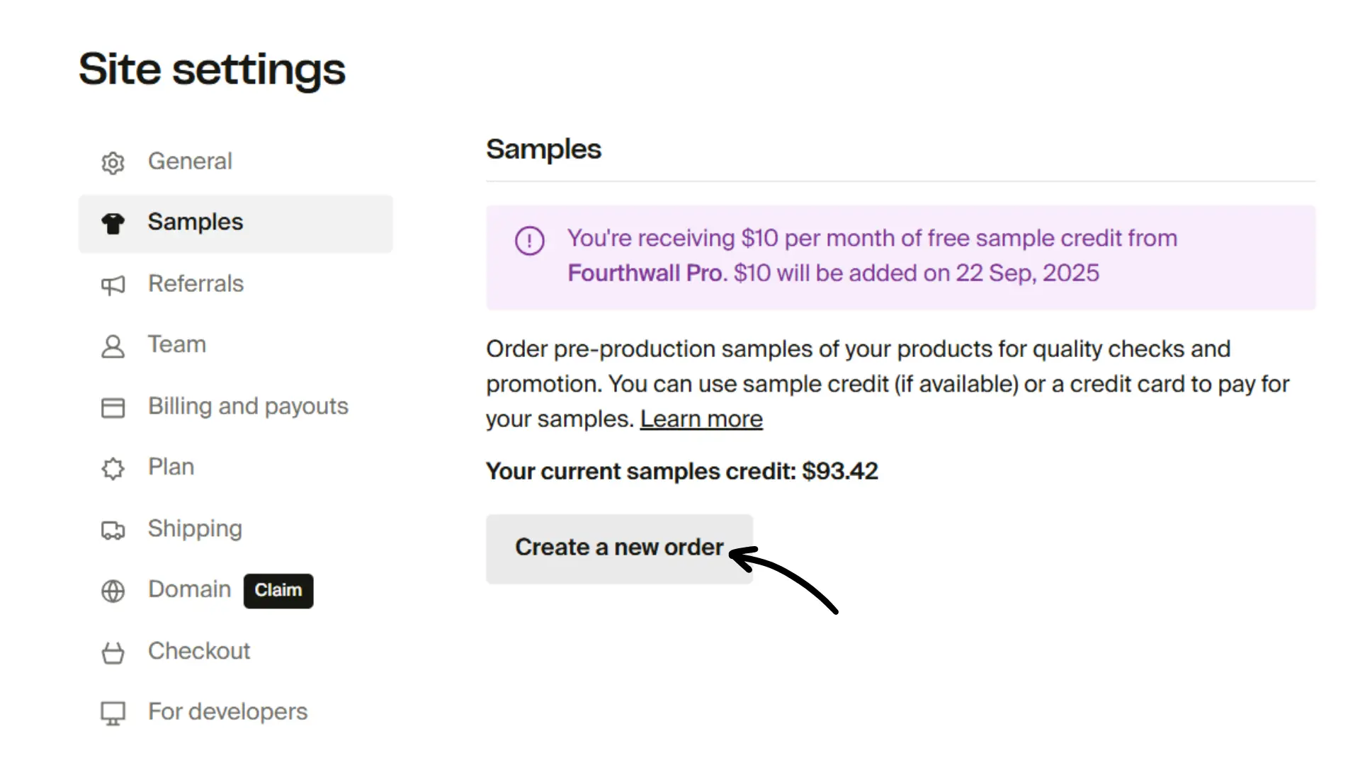 Create a new order from Sample credits