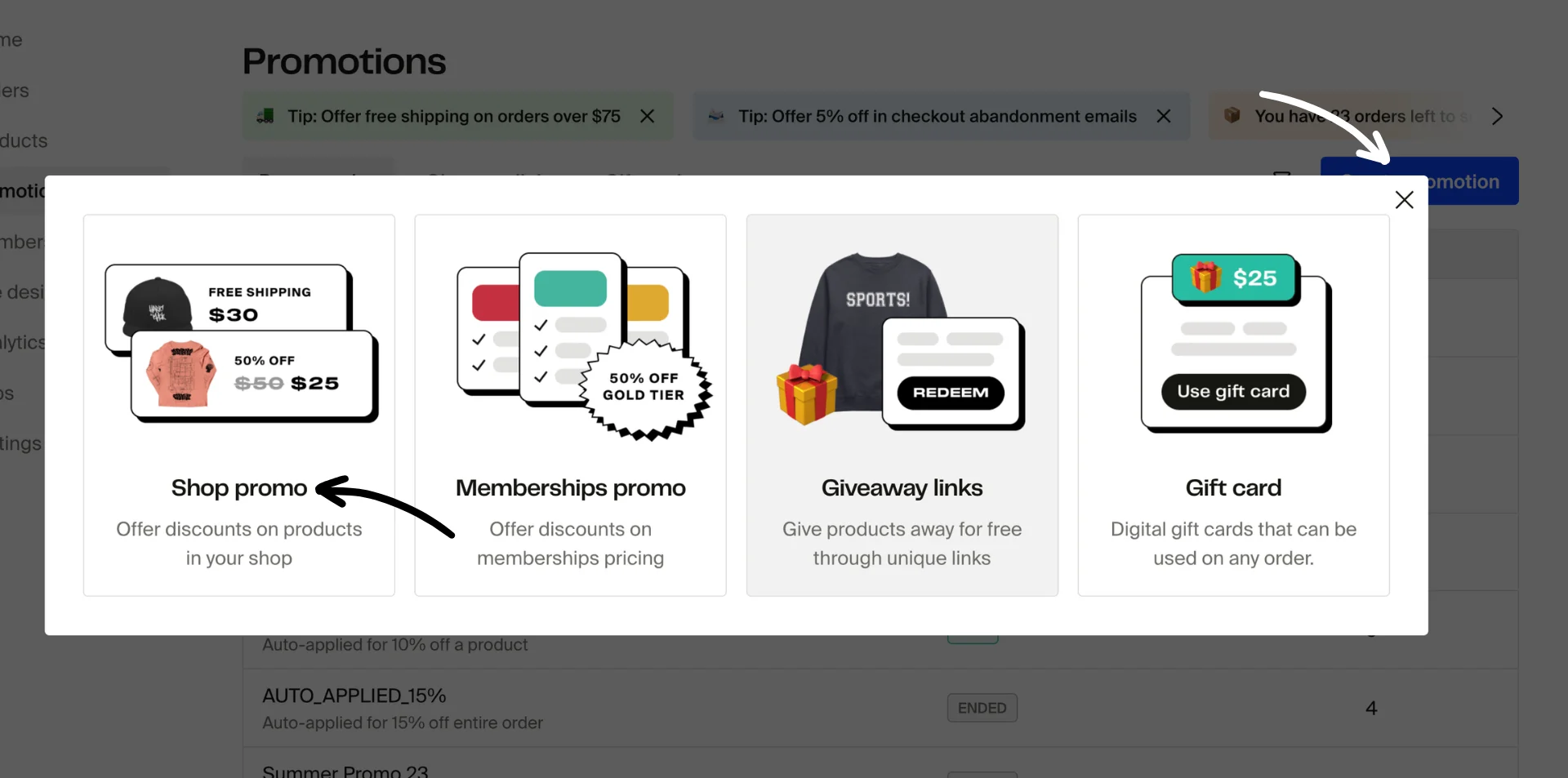 Create promotion dialog showing Shop promo, Memberships promo, Giveaway links, and Gift card options