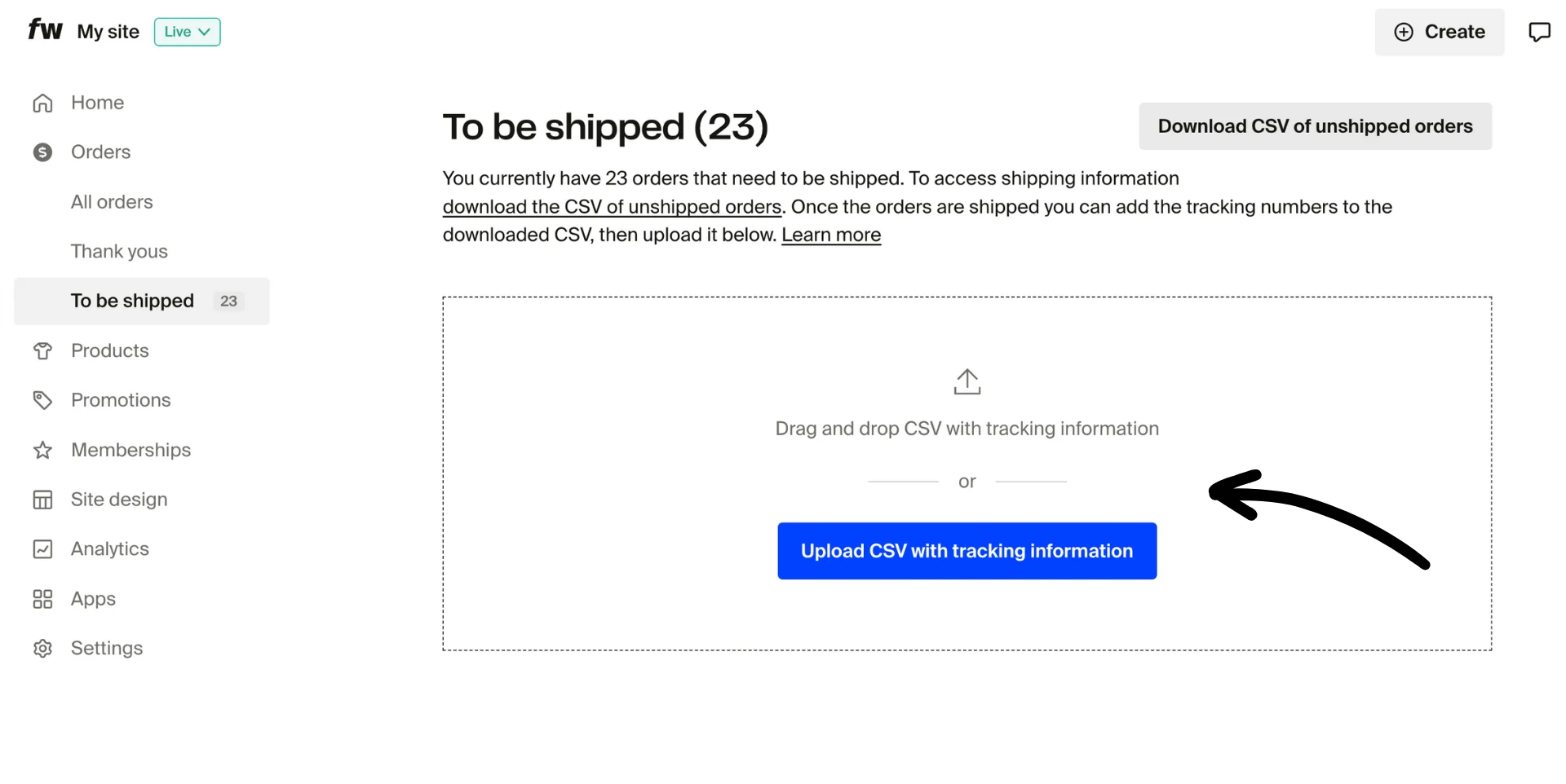 Fulfillment page with drag-and-drop area and Upload CSV with tracking information button highlighted