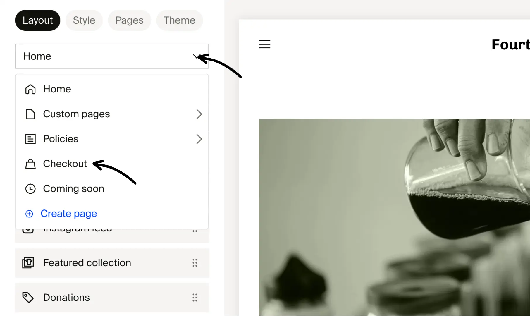 Layout tab page dropdown with arrows pointing to Home dropdown and Checkout option in the list