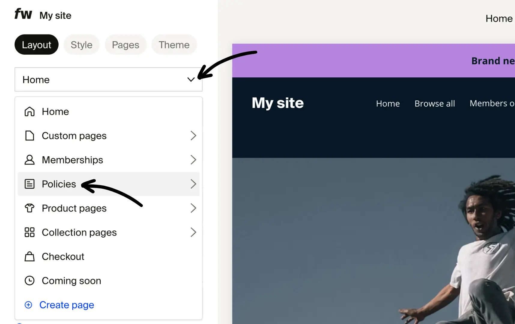 Layout tab with page dropdown open showing Home, Custom pages, Memberships, Policies, and other options