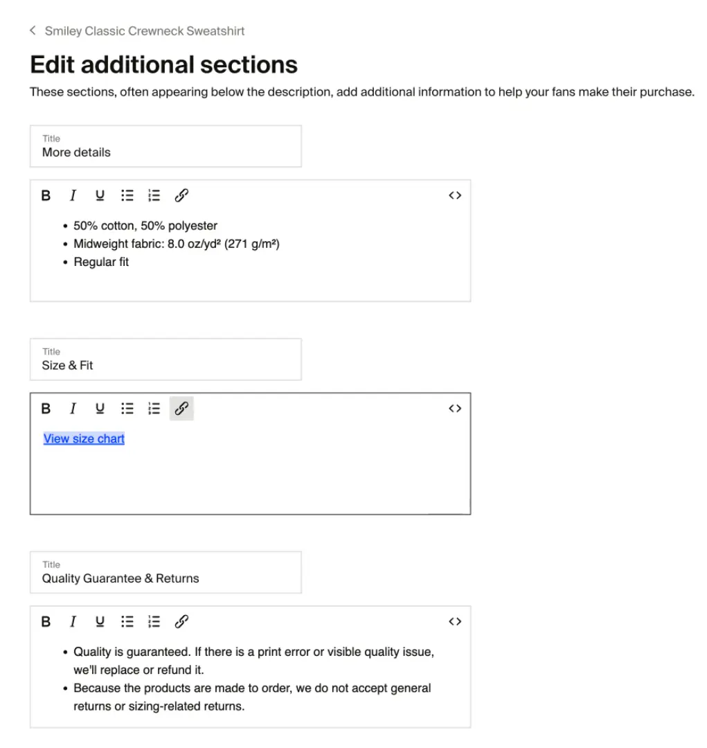 Edit additional sections panel with More details, Size and Fit, and Quality Guarantee fields