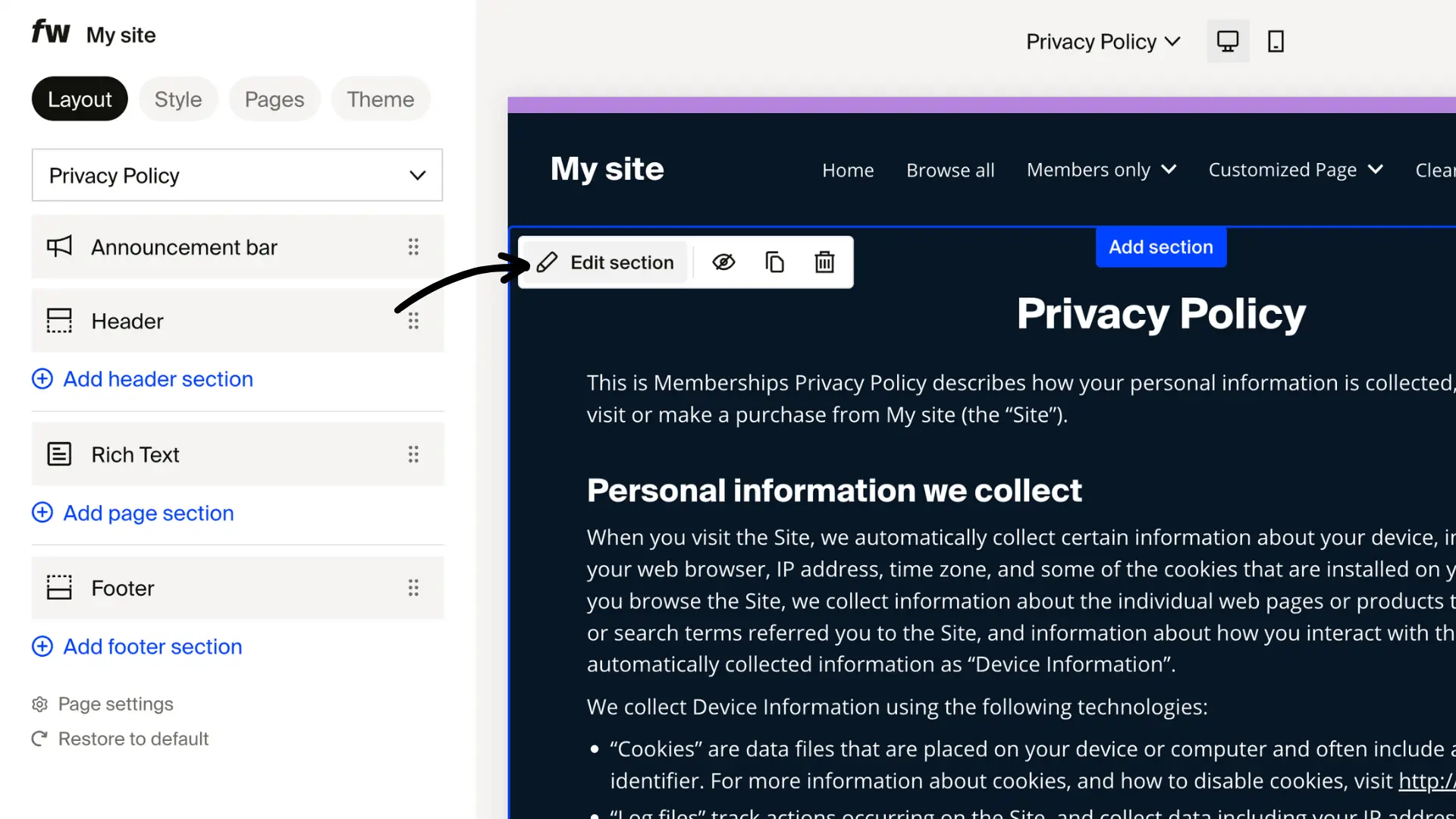 Privacy Policy layout editor with Edit section toolbar visible over the Rich Text block