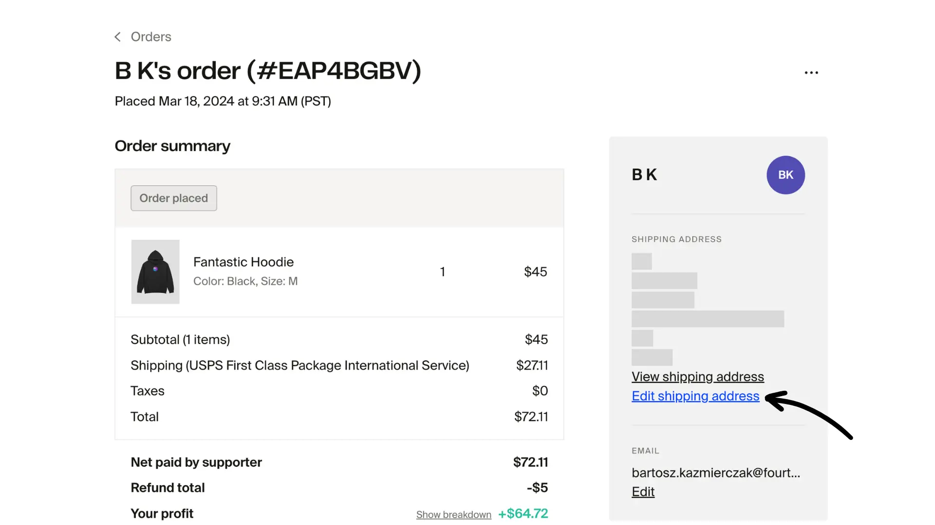 Order detail page with Edit shipping address link highlighted