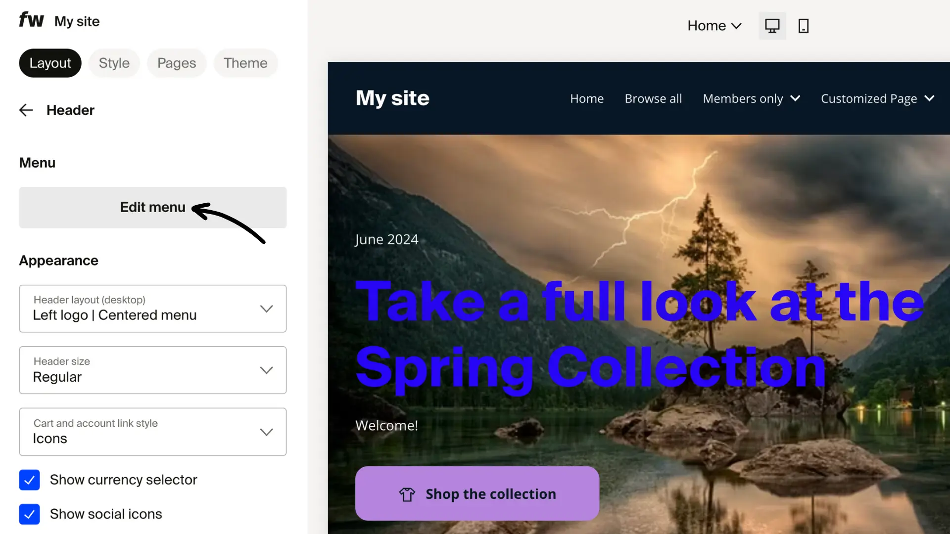 Site designer Header section with Edit menu button and appearance settings