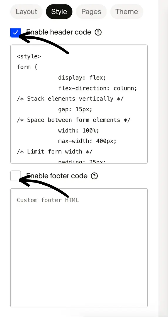 Custom code editor with Enable header code and Enable footer code checkboxes