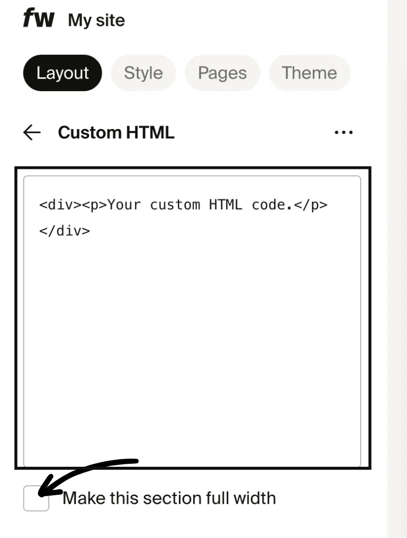 Enter code and make section full width optionally