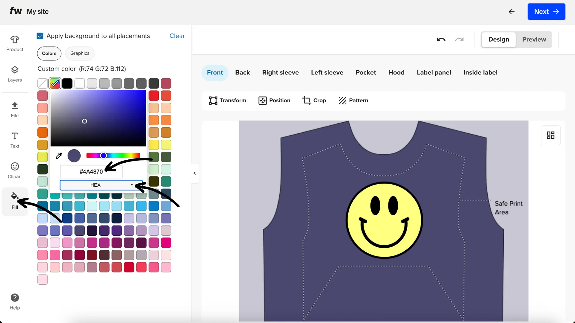 Product designer color picker with hex code field and Fill option highlighted