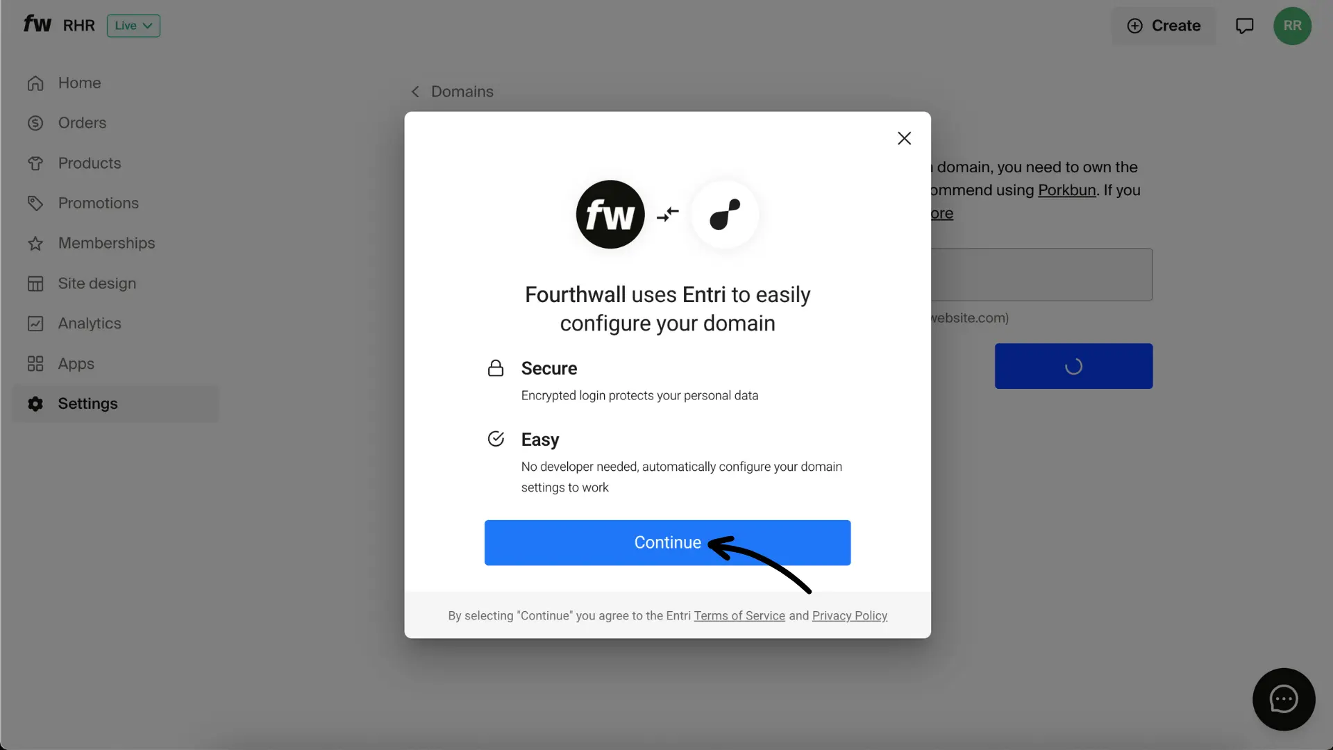 Entri dialog showing Fourthwall uses Entri for domain configuration with Continue button