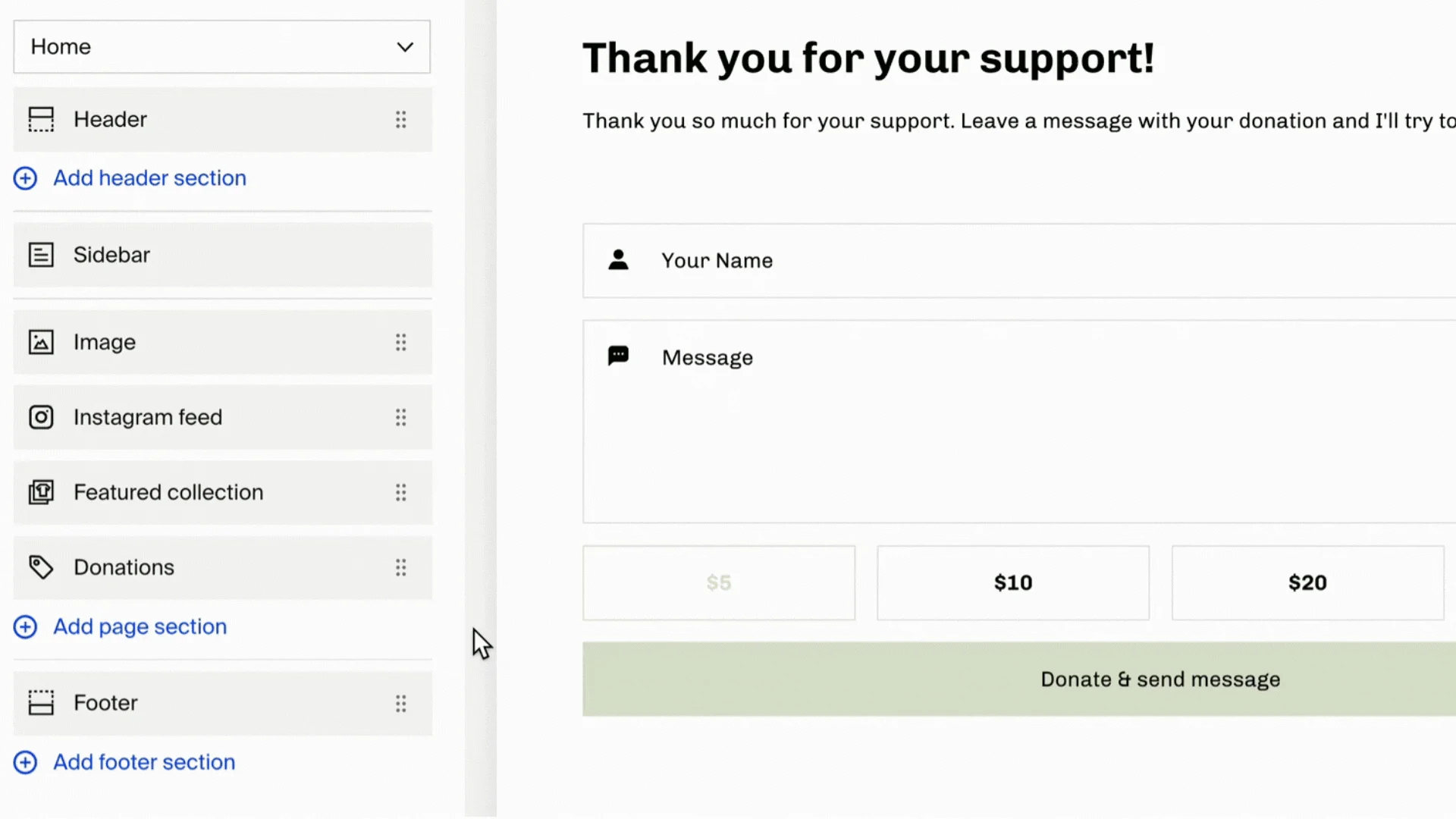Animated demonstration showing how to hide a section using the eye icon and drag it to a new position in the layout sidebar