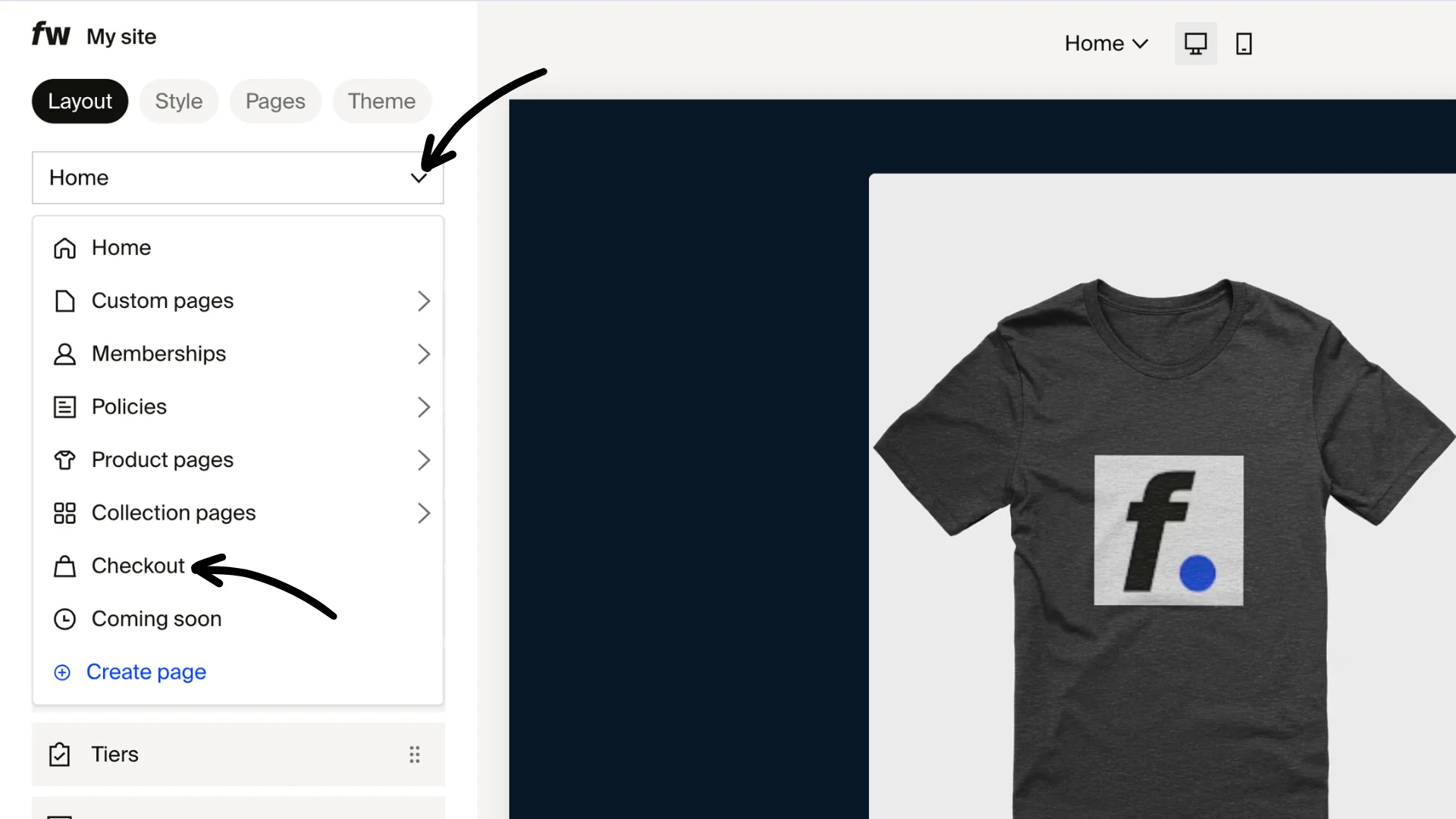 Layout tab page dropdown with arrow pointing to Checkout option in the navigation menu