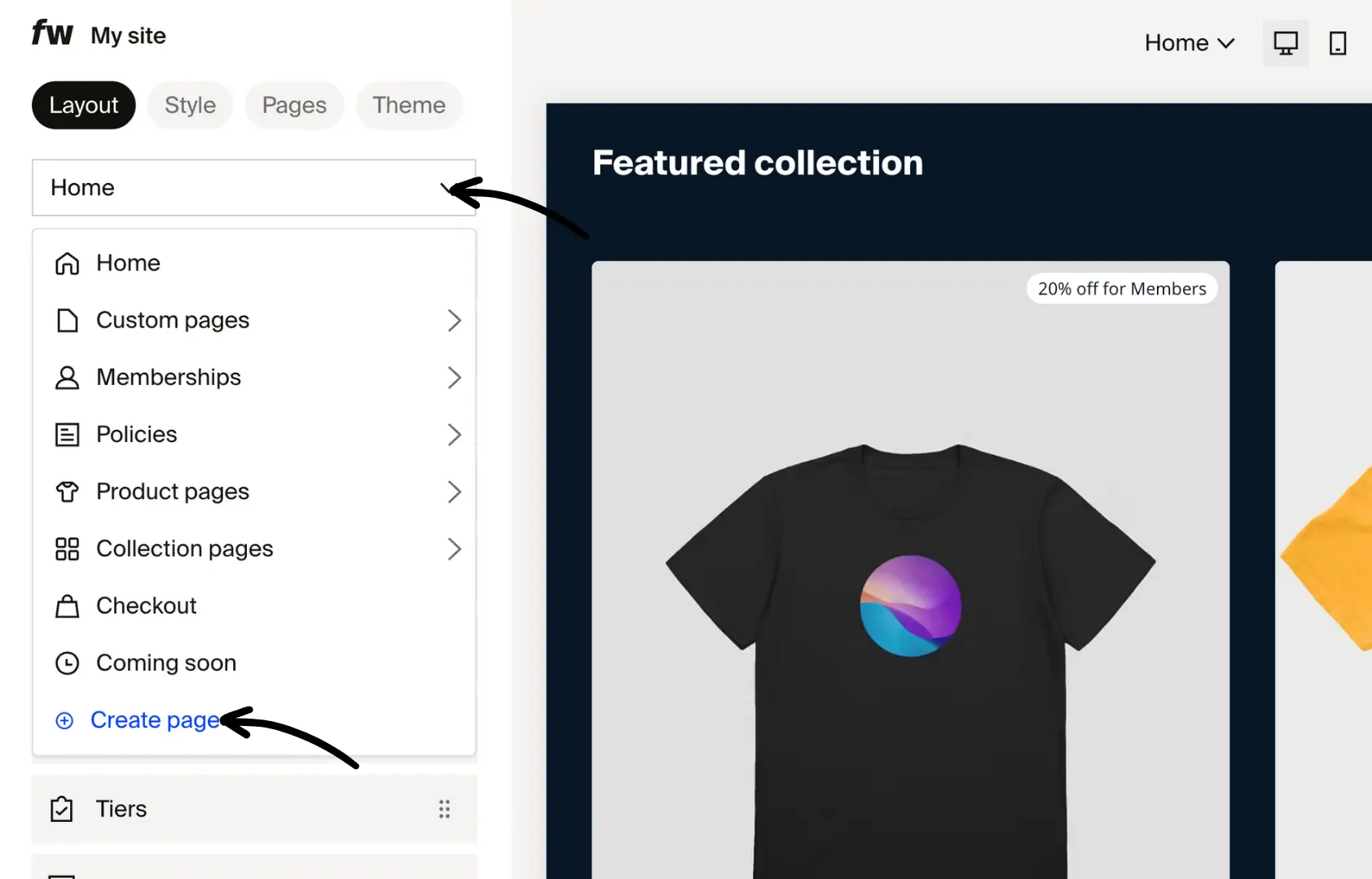 Layout tab page dropdown listing Home, Custom pages, Memberships, Policies, Checkout, and Create page option