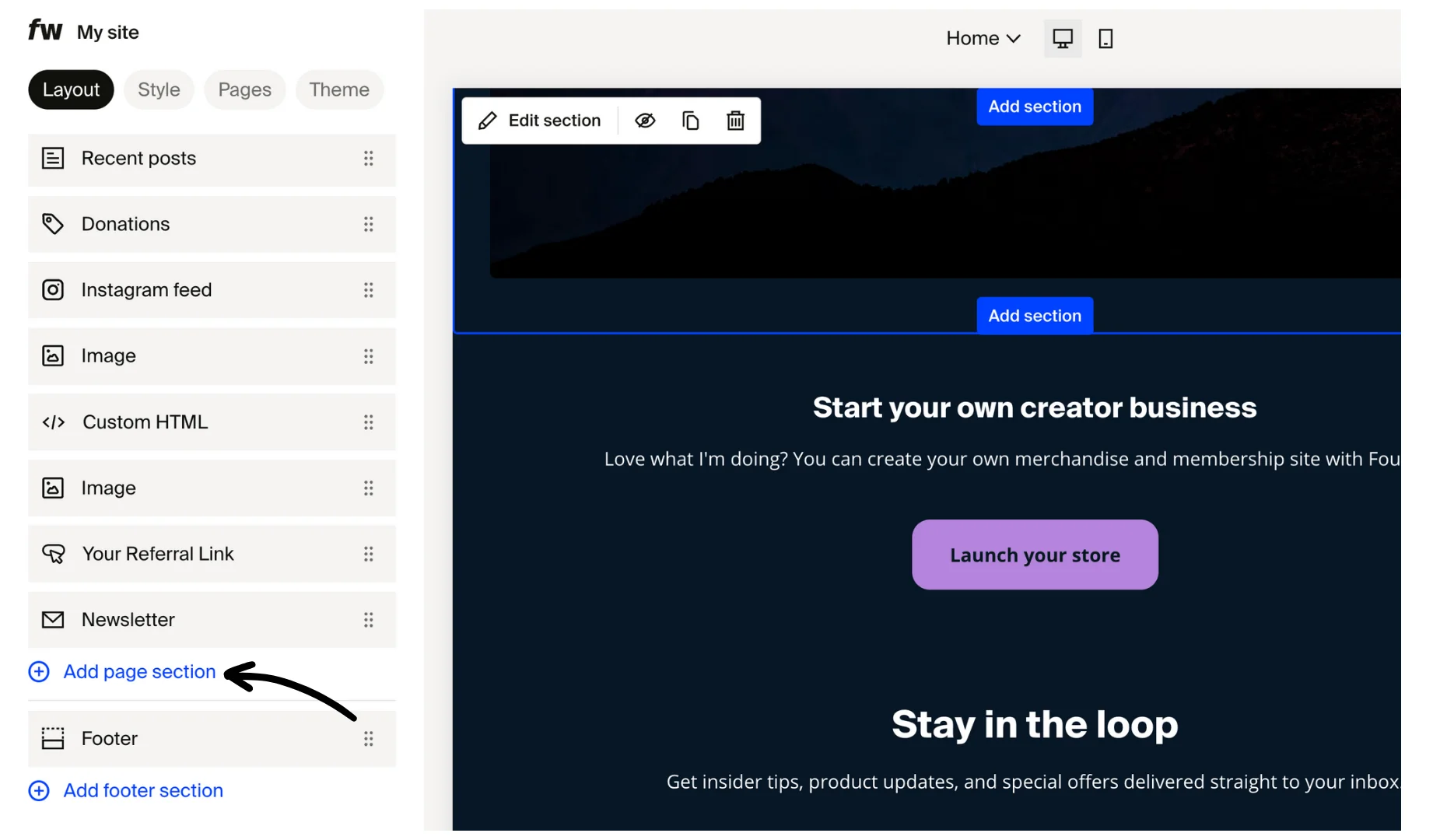 Locate and click Add page section