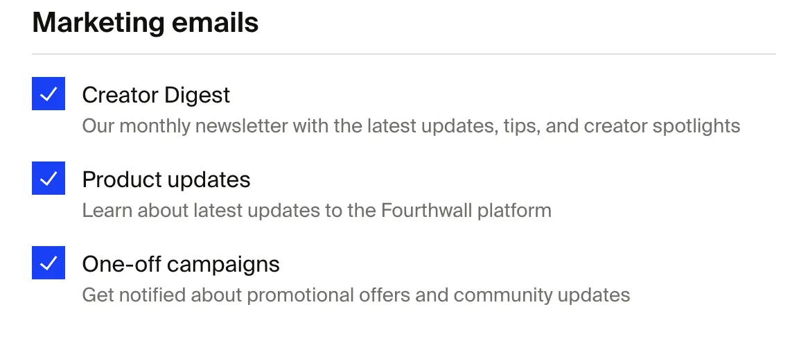Marketing emails settings with checkboxes for Creator Digest, Product updates, and One-off campaigns