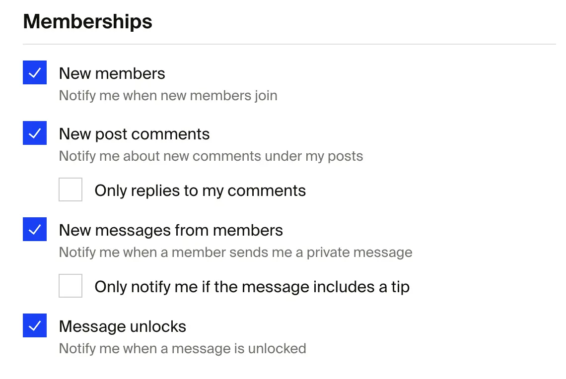 Memberships notification settings with checkboxes for new members, post comments, messages, and message unlocks