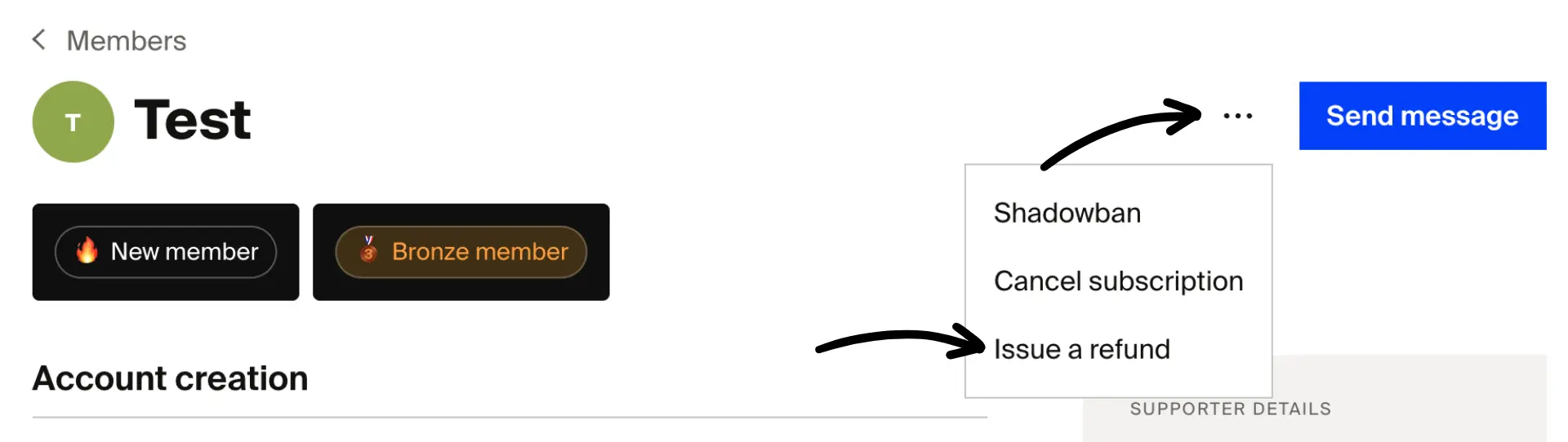 Member detail page with three-dot menu open and arrow pointing to Issue a refund option