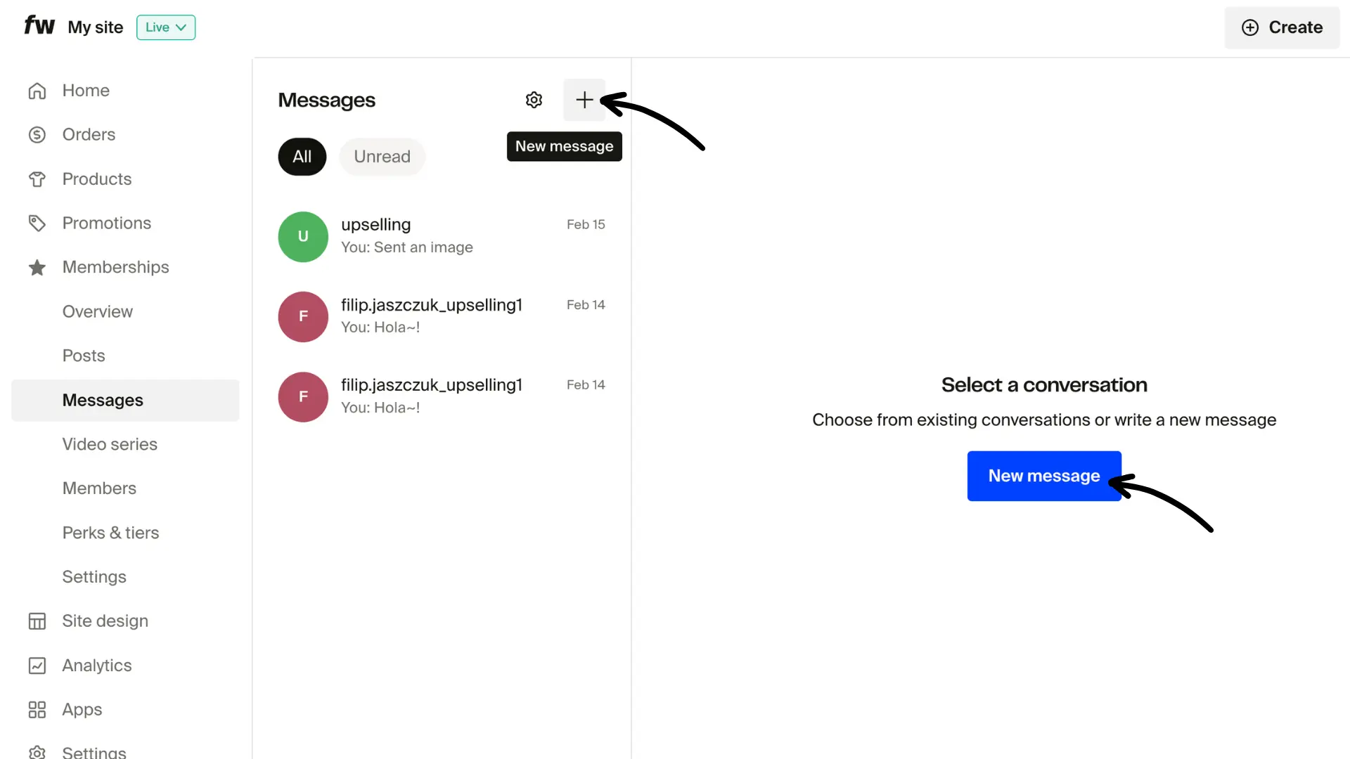 Messages inbox with conversation list, plus icon tooltip showing New message, and blue New message button