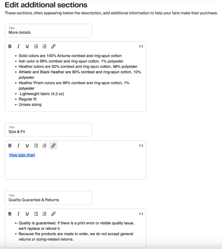 Edit additional sections panel showing More details, Size and Fit, and Quality Guarantee fields