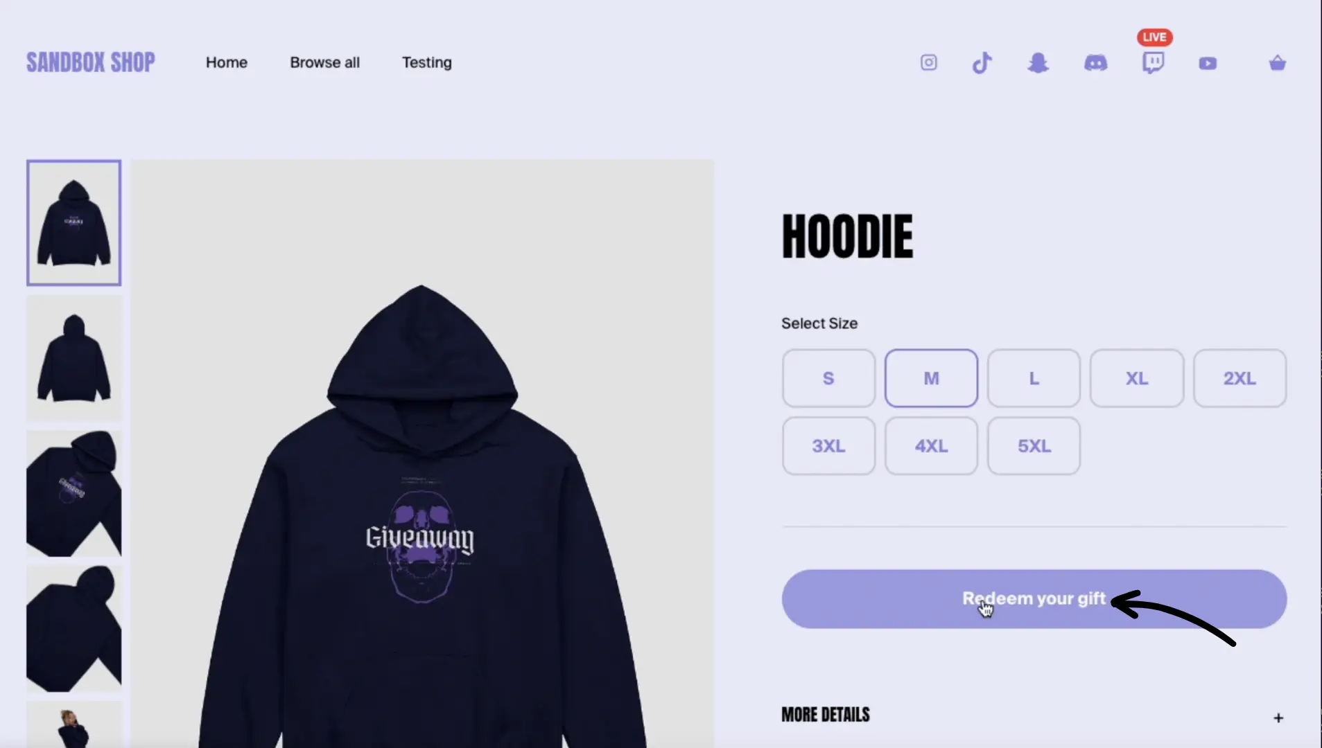 Hoodie product page with size selector and purple Redeem your gift button