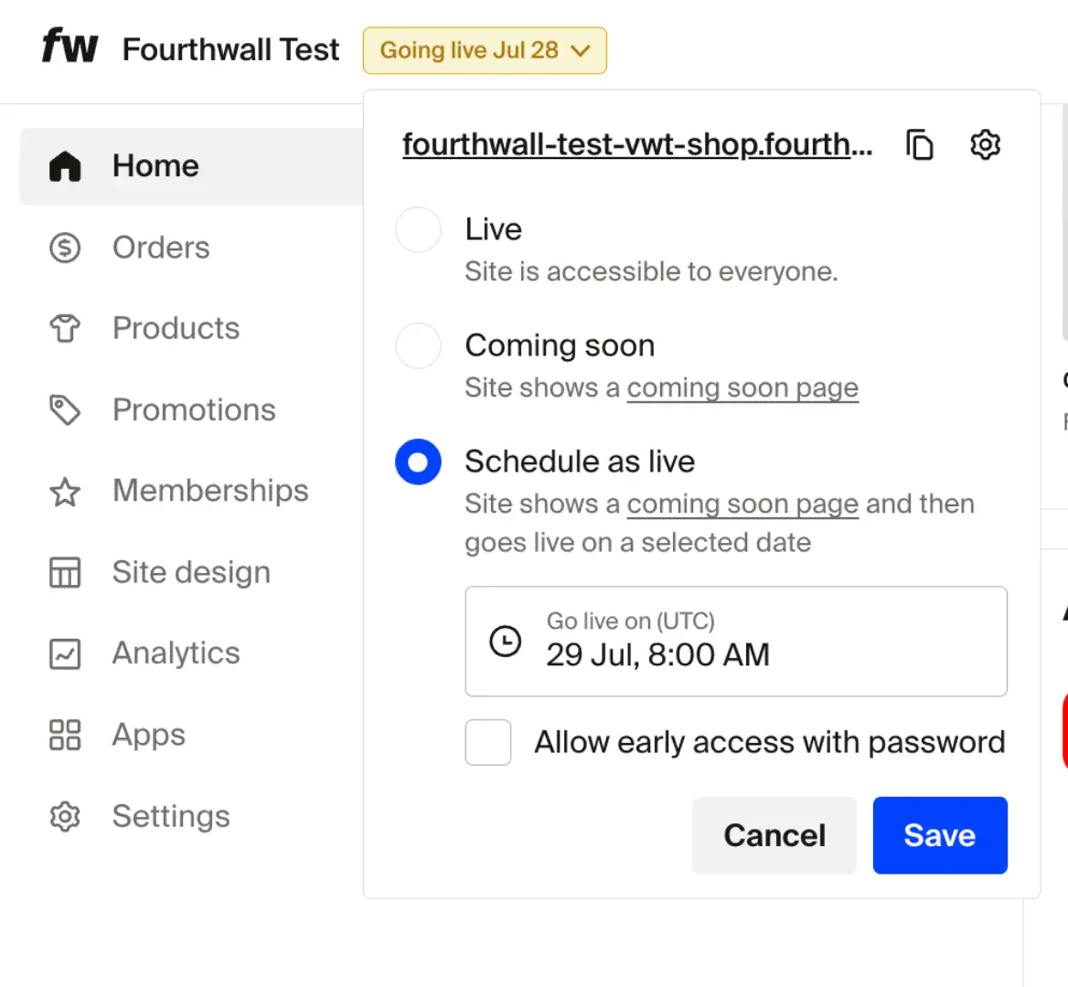 Status dropdown with Schedule as live selected showing a go-live date and time picker
