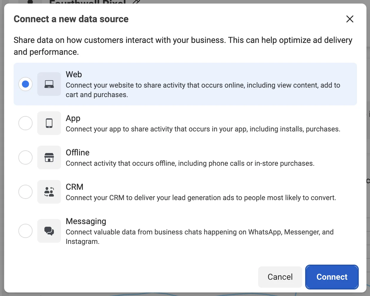 Meta Events Manager Connect Data page with Web option selected and Connect button