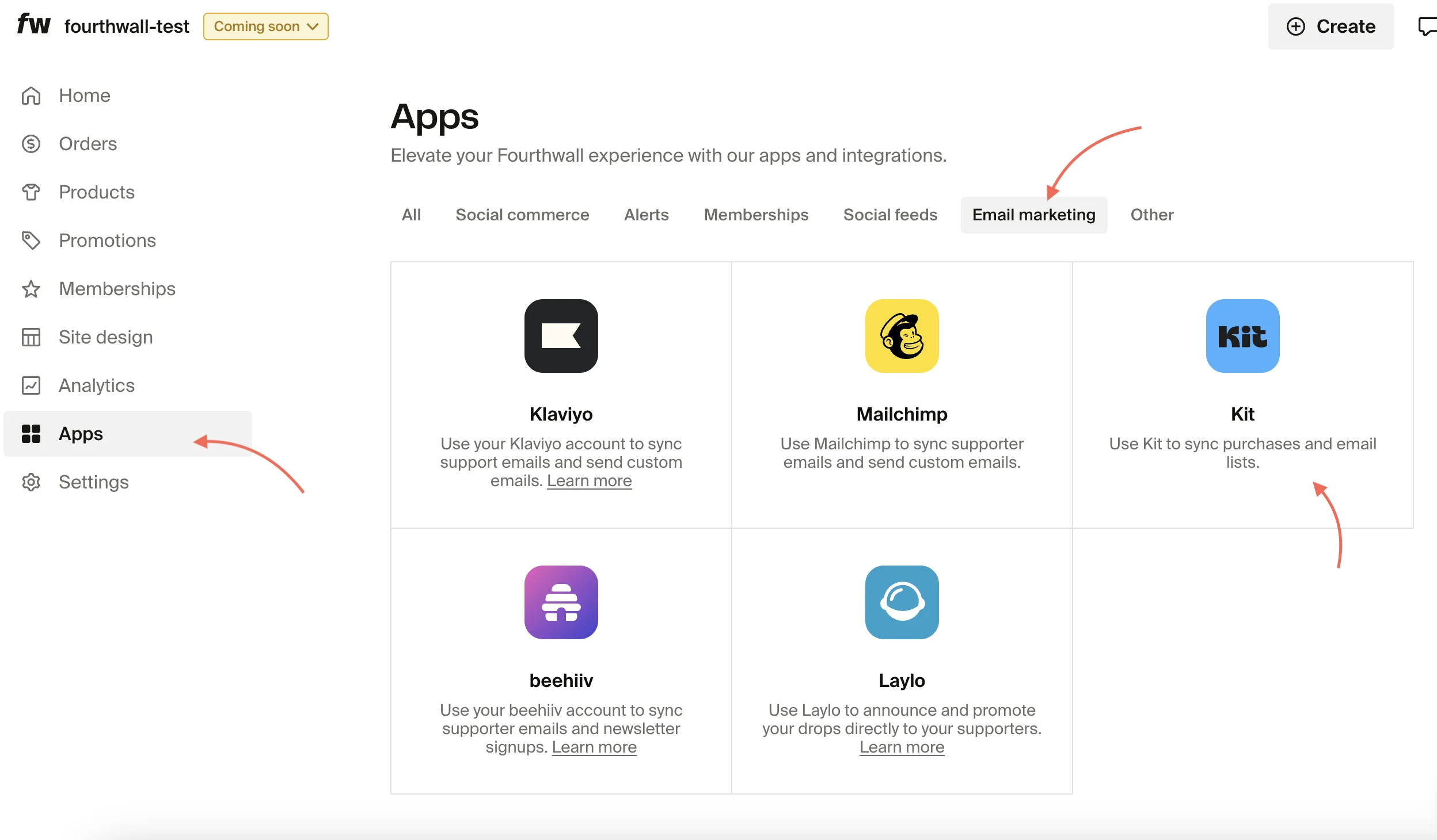Fourthwall Apps dashboard filtered by Email marketing showing the Kit app option